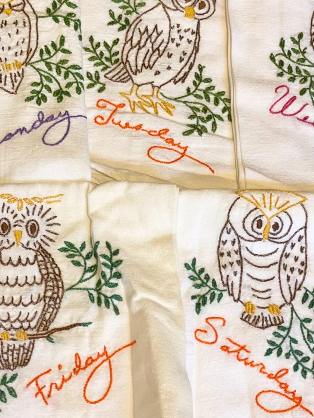 Antique Hand Embroidered Flour Sack Kitchen Towels Owls 7 Days Week Monday